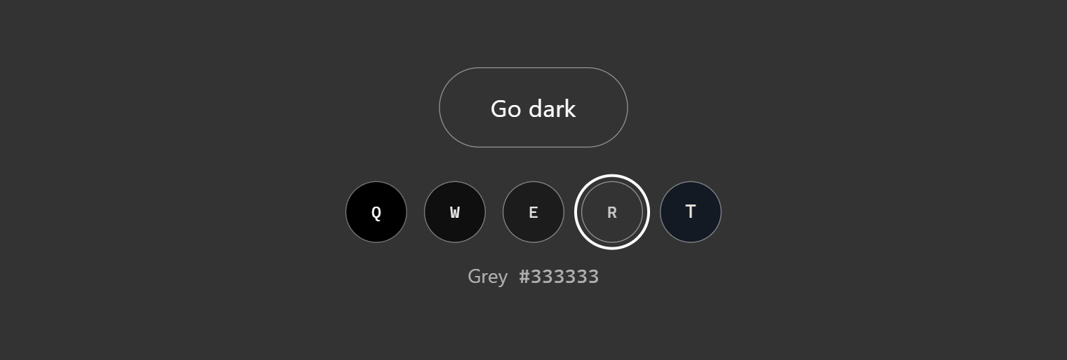 The black.snowmaker.io page painted grey: a Go dark button above five round swatches keyed Q to T, the grey one selected