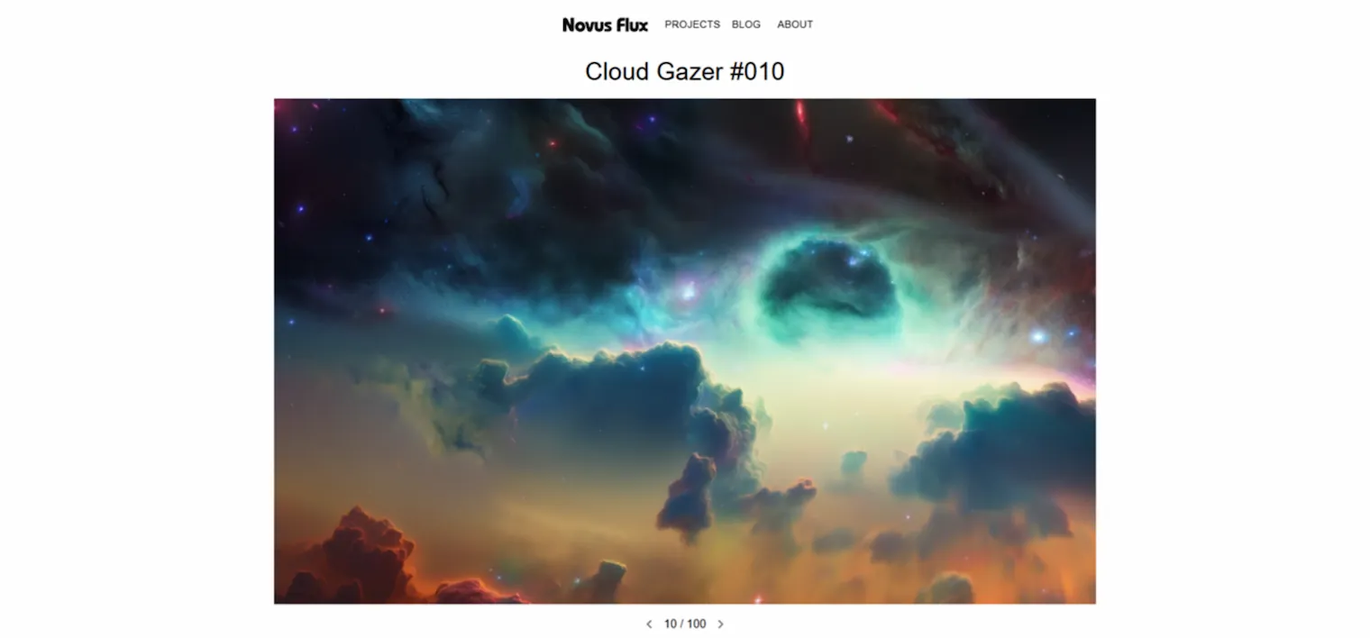 A Novus-Flux plate: the title Cloud Gazer #010, the artwork, and a 10 of 100 pager