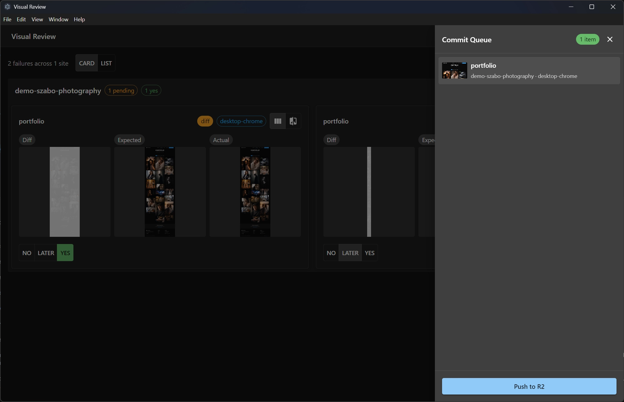 The commit queue panel holding one approved screenshot, with a Push to R2 button