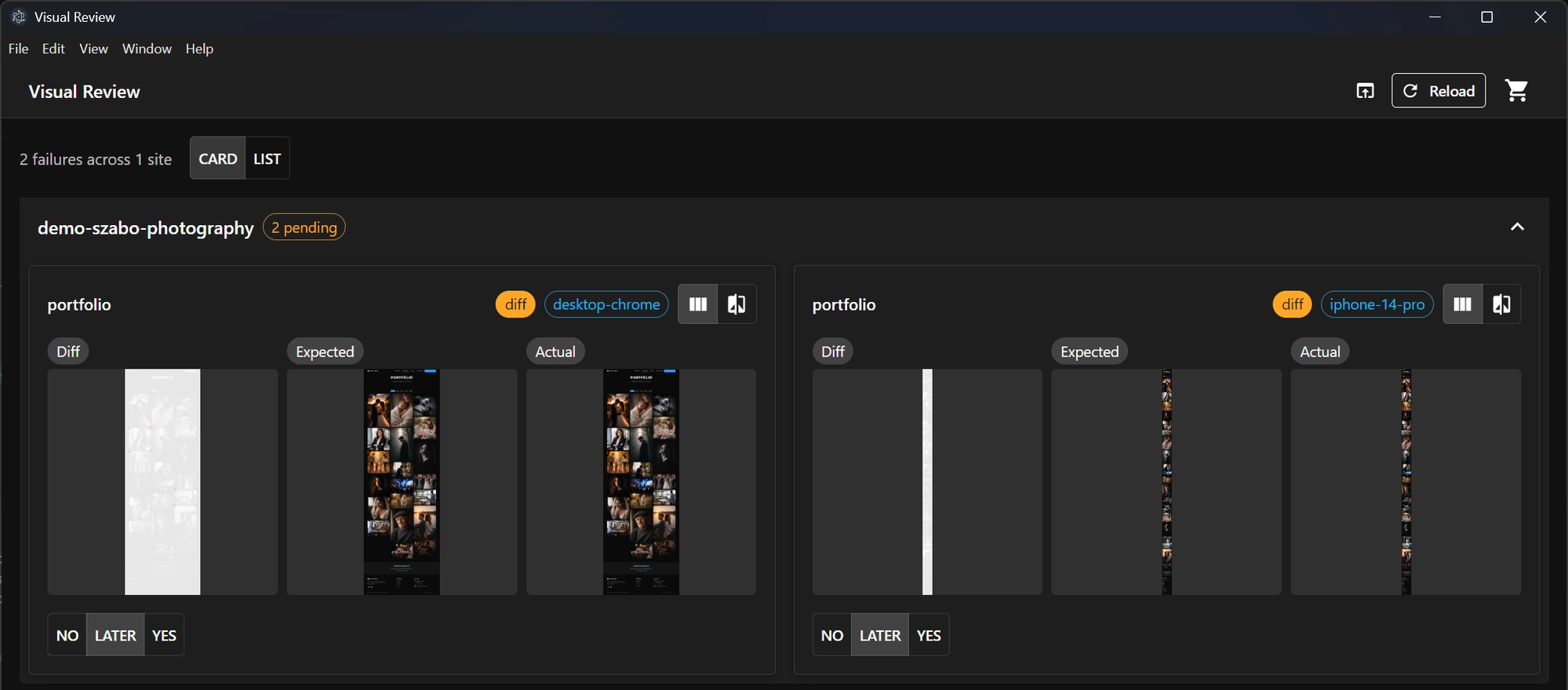The review app: failures grouped by site, each with diff, expected and actual, and no/later/yes controls