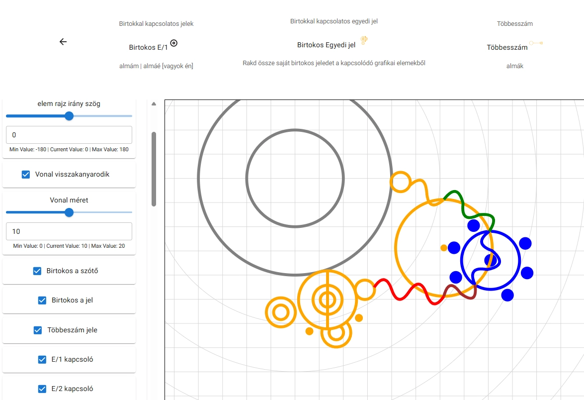 The generator mid-build: construction circles, angle and line-weight sliders, grammar checkboxes, and the form drawn in debug colours