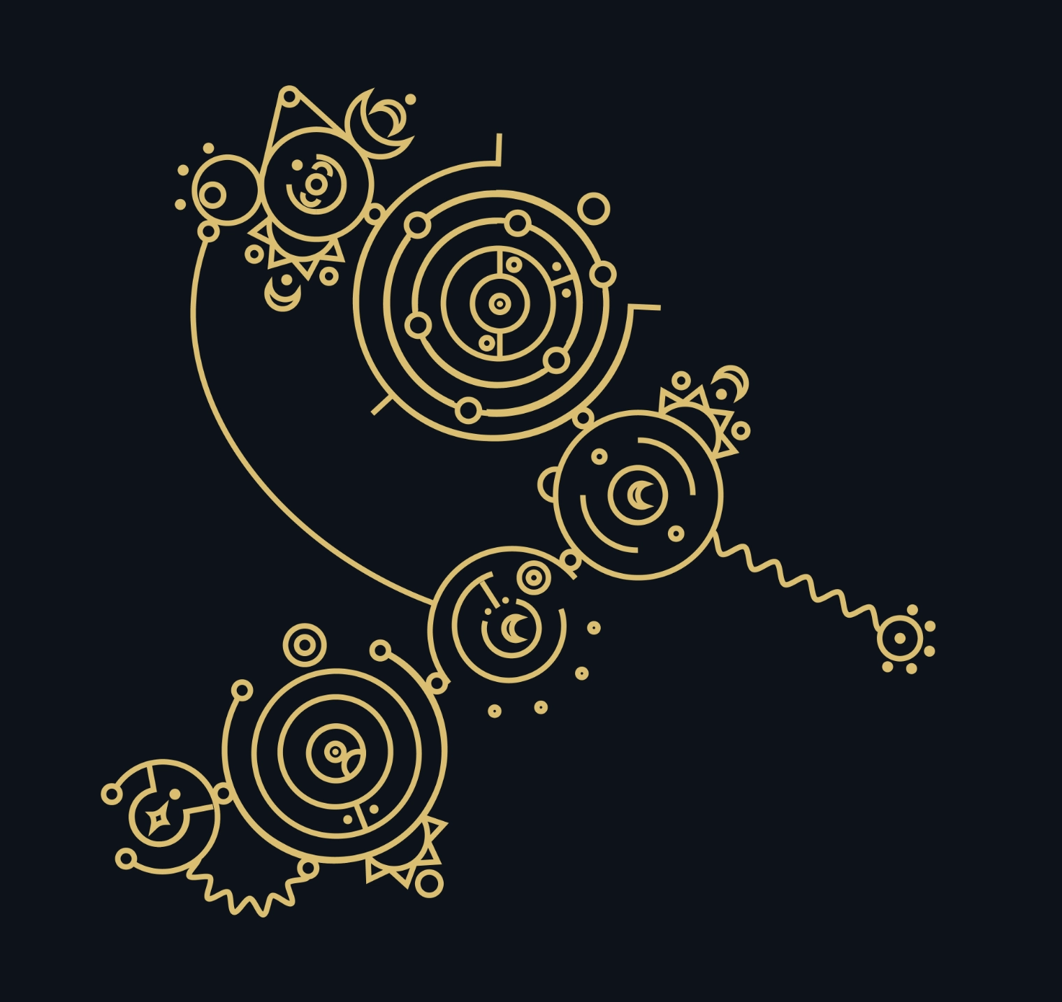 A Hungarian sentence drawn in Solar Hungarian: linked rings of stems with affixes orbiting them