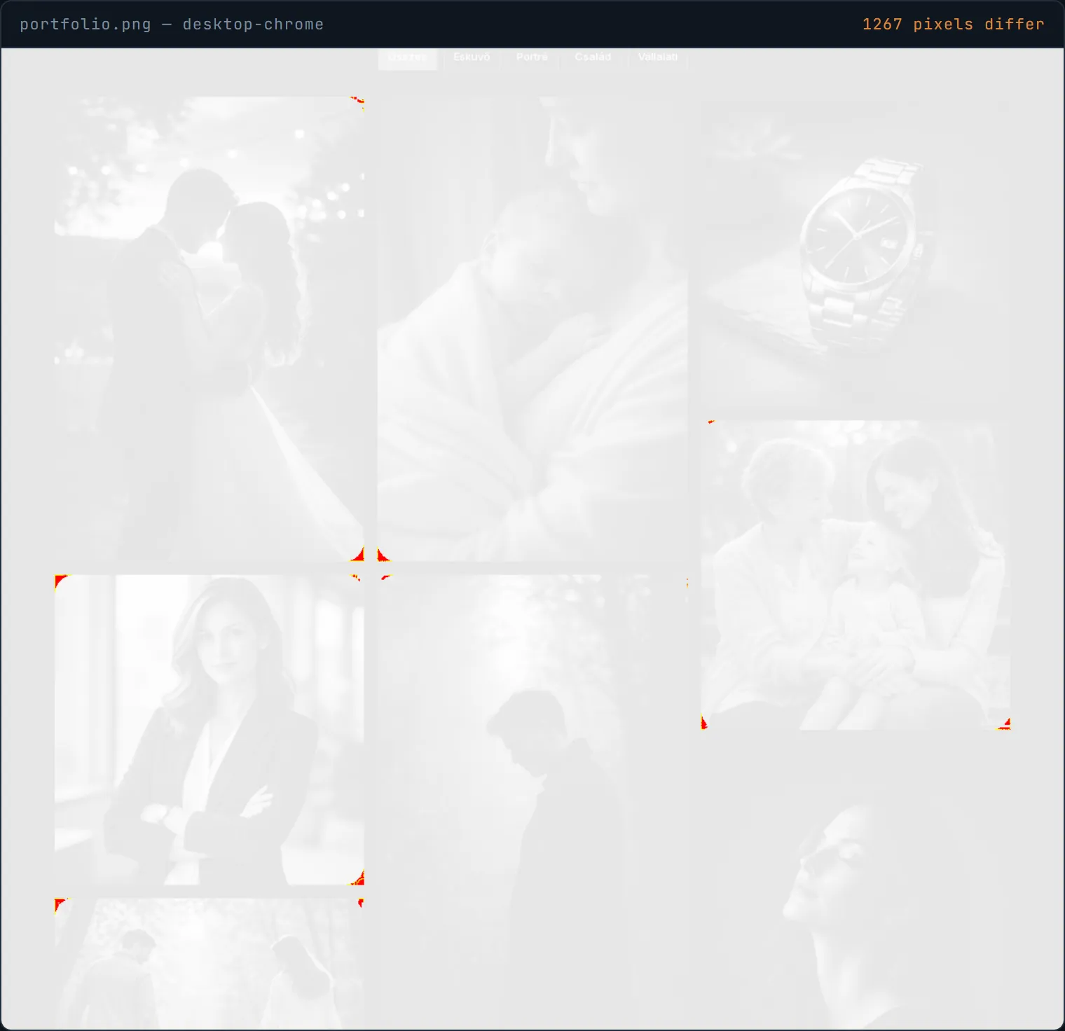 Playwright diff image: a washed-out gallery page with red marks on every tile corner
