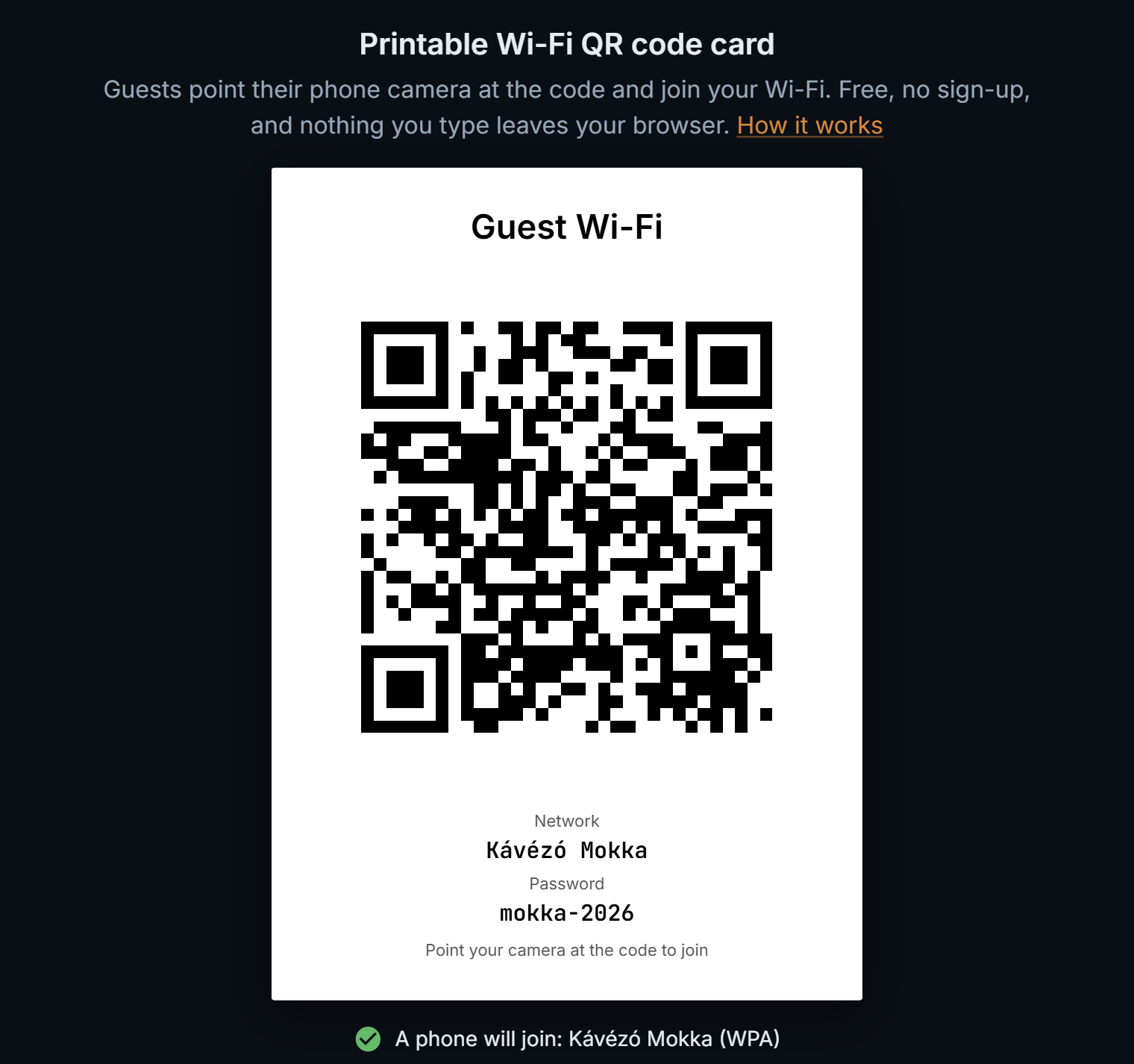 The wifi-card page with a filled-in card for Kávézó Mokka and, under it, the line: A phone will join: Kávézó Mokka (WPA)